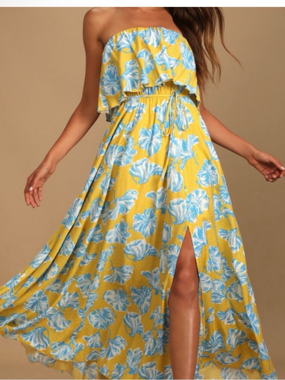 Lulus Strapless Yellow Floral Maxi Dress with Front Slit NWT